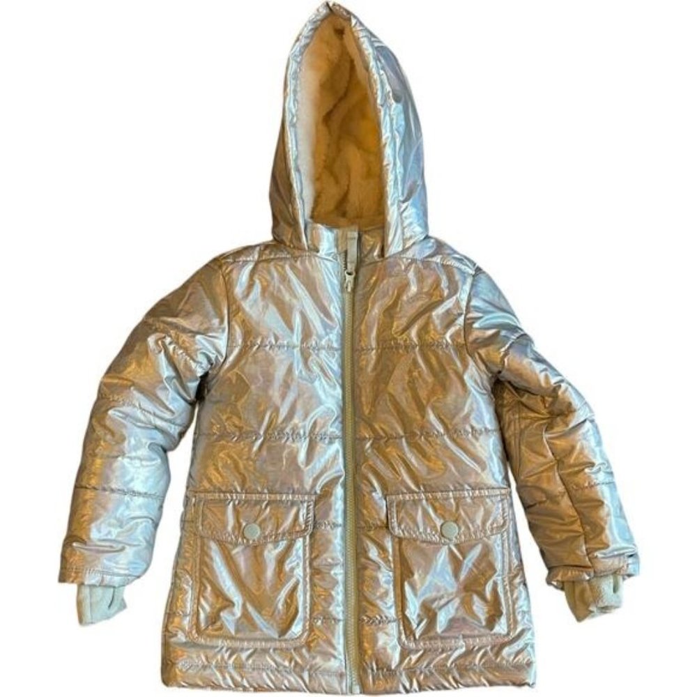 Cat & Jack XS Silver Hooded Puffer Coat With Faux Fur Lining